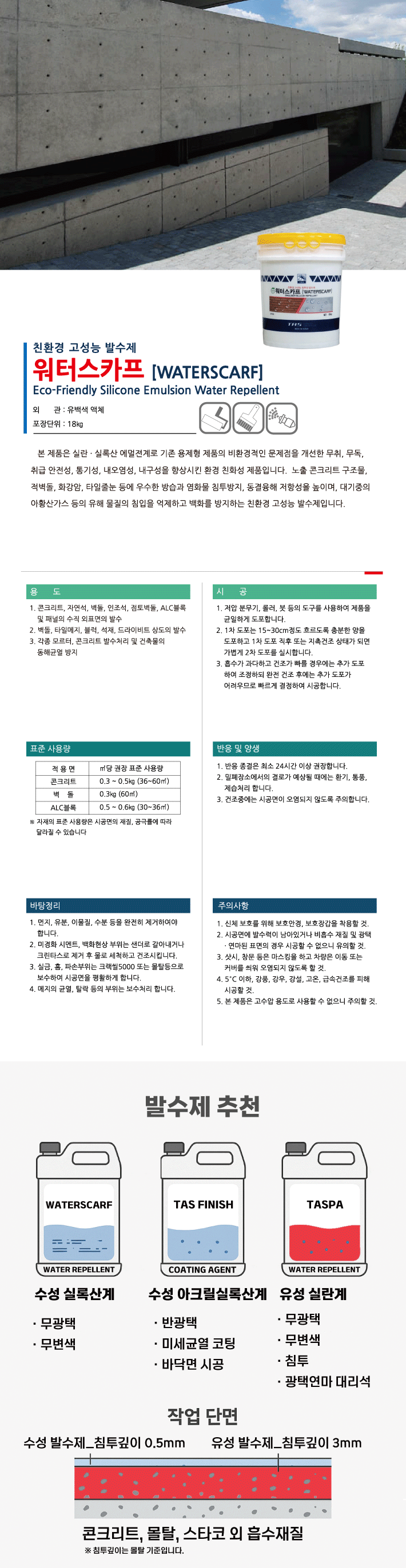 워터스카프 수성 실록산·실란계 침투성 발수제 제품 소개